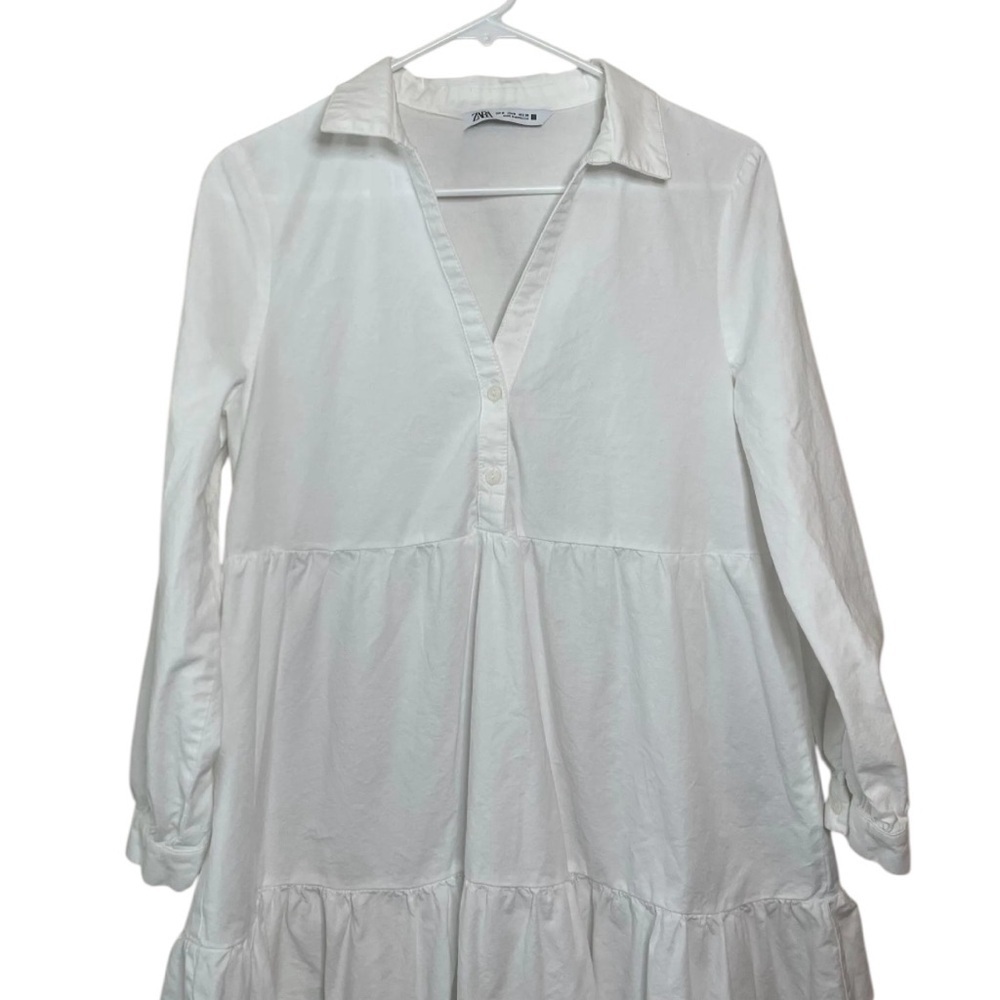 Zara White Button Down Tiered Ling Sleeve Mini Dress 100% Cotton Size XS - Picture 3 of 14